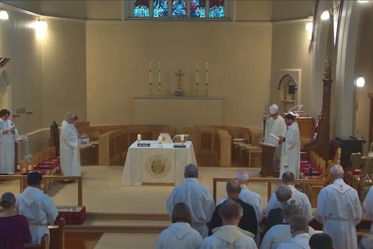 Clergy gather for a chrism mass led by Archbishop Philip Richardson at the Waikato Cathedral of St Peter, Holy week 2026.