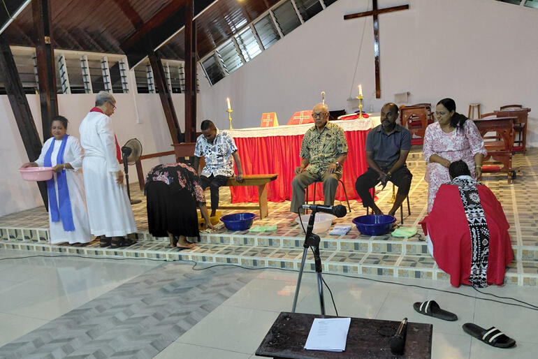 Clergy wash parishioners' feet on Maundy Thursday 2026 at Saint Thomas's Labasa.