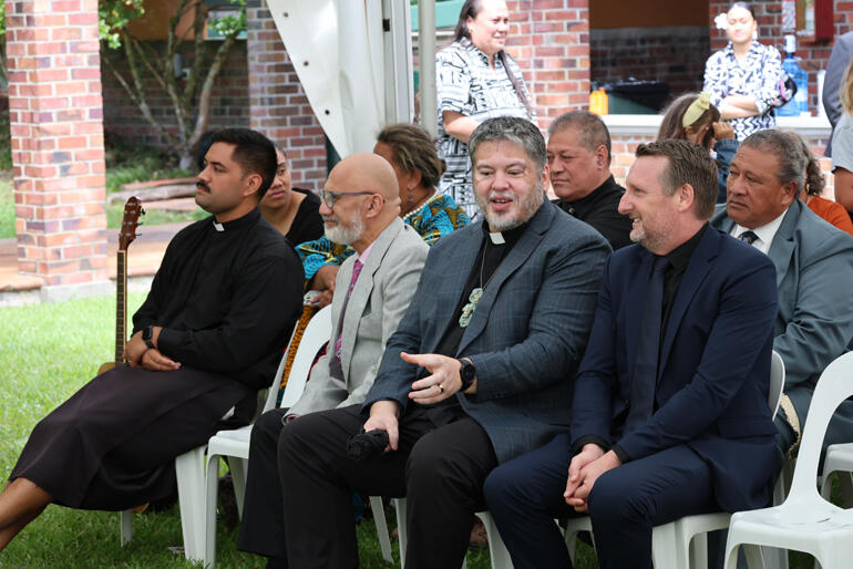 Acting Tikanga Māori Dean Ven Michael Tamihere and Acting Manukura-Principal Dr Andrew Picard swap notes before the St John's opening pōhiri.