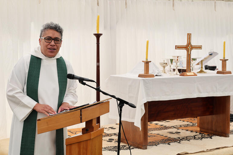 Pou Karakia the Reverend Mele Prescott leads during the St John's College and Trinity Methodist combined opening Eucharist.