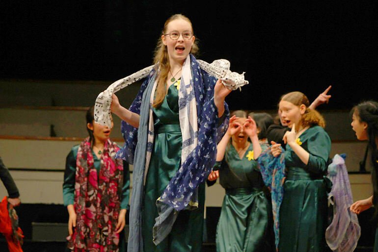 Jen Chisholm from Samuel Marsden Collegiate takes the lead in a theatrical number at The Big Sing Finale 2025. Jen Chisholm from Samuel Marsden Collegiate takes the lead in a theatrical number at The Big Sing Finale 2025.