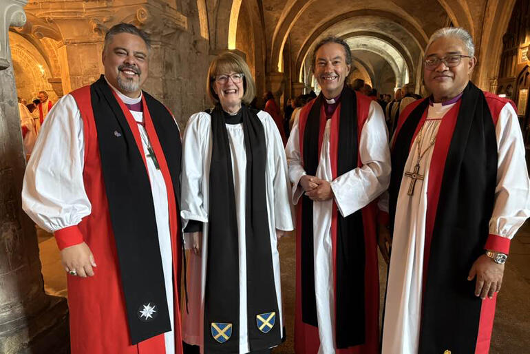 Archbishop Don Tamihere, Dean Jo Kelly-Moore, Archbishop Justin Duckworth & Archbishop Sione Ulu'ilakepa in Canterbury Cathedral crypt.