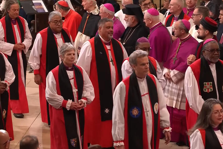 Archbishops Justin Duckworth, Sione Ulu'ilakepa and Don Tamihere process into Canterbury Cathedral alongside Communion Primates.