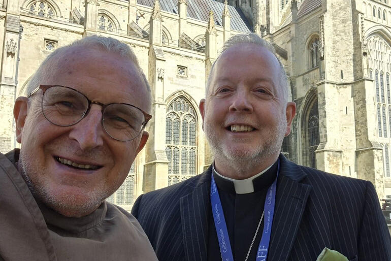 Br Christopher John SSF grabs a selfie outside Canterbury Cathedral with the Very Rev Dr David Monteith, Dean of Canterbury. 