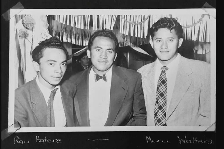 Muru Walters pictured as a youthful Art and Crafts teaching trainer, alongside two colleagues in the arts. Muru Walters pictured as a youthful Art and Crafts teaching trainer, alongside two colleagues in the arts.