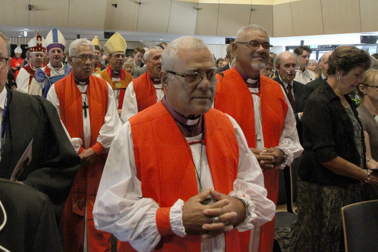 Bishop 'Afa Vaka joins the procession of bishops after the celebration of Bishop Peter Carrell's ordination in Christchurch in 2019. Bishop 'Afa Vaka joins the procession of bishops after the celebration of Bishop Peter Carrell's ordination in Christchurch in 2019.