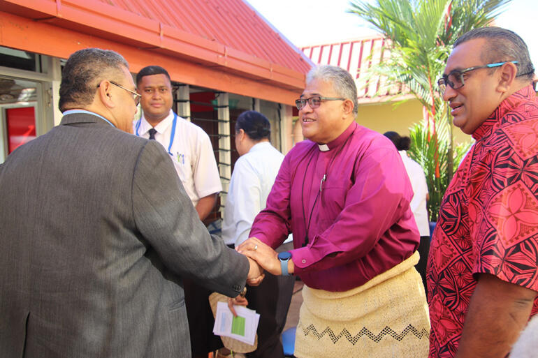 Archbishop Sione Ulu'ilakepa welcomes PCC Moderator, Elder Dr Leatulagi Faalevao of The Congregational Church of American Samoa. Archbishop Sione Ulu'ilakepa welcomes PCC Moderator, Elder Dr Leatulagi Faalevao of The Congregational Church of American Samoa.