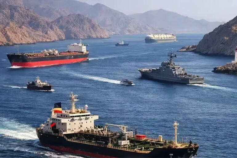 Shipping plies the Strait of Hormuz prior to the Iran war.